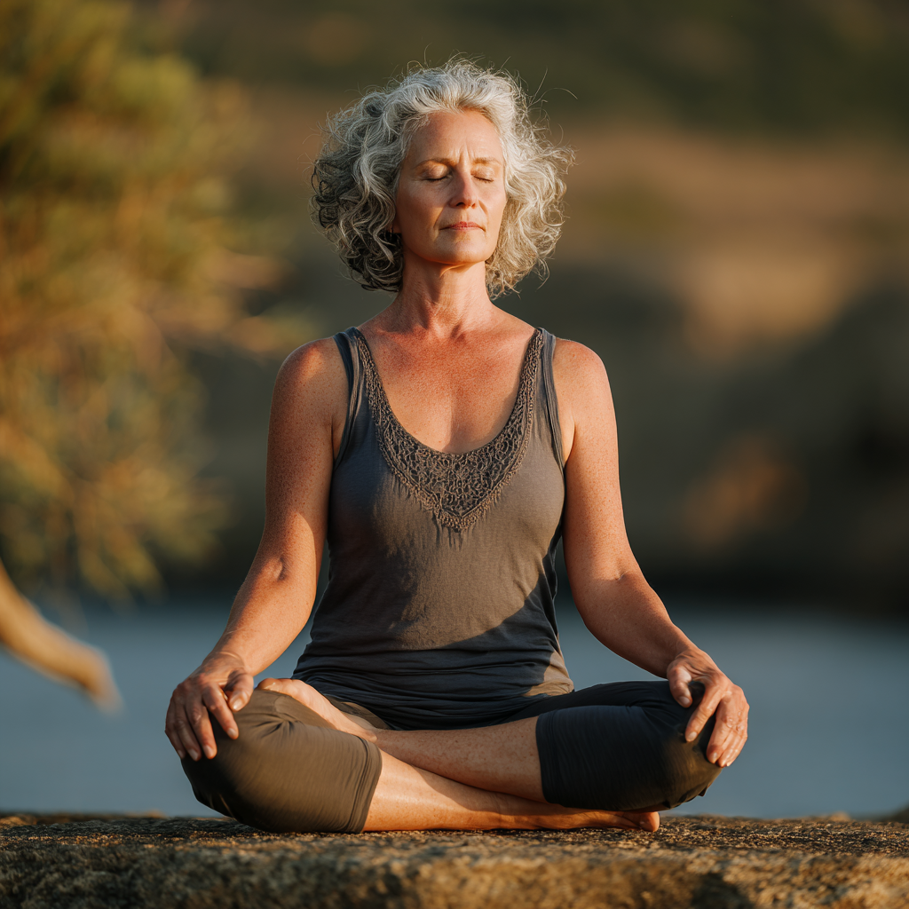 Mature woman practicing gentle yoga poses in serene natural setting