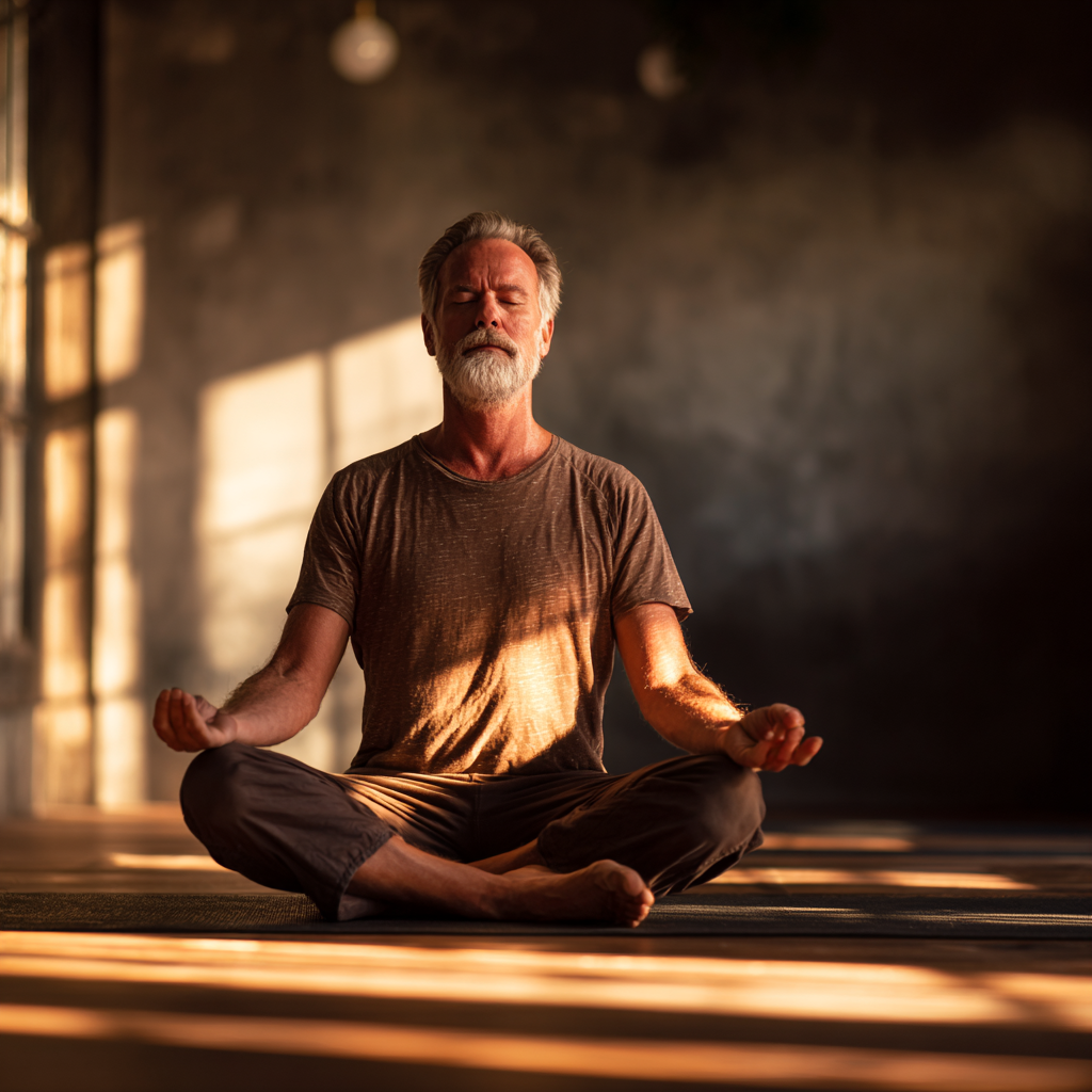 Middle aged person in peaceful yoga meditation pose in sunlit studio space